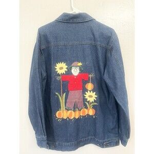 VTG Quacker Factory Denim Jacket Womens M Scarecrow Pumpkin Fall Embroidered